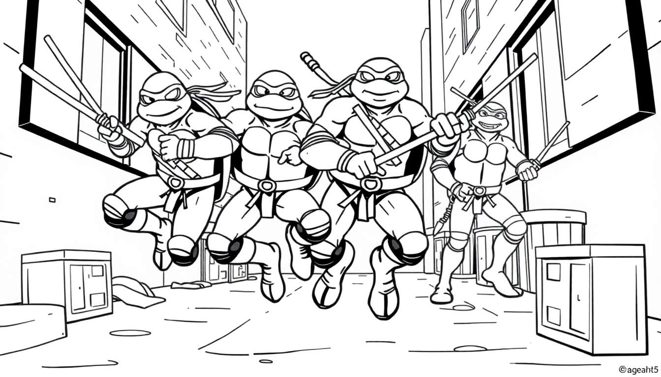 Tortugas Ninja listas para colorear en una placa de color, sujetando sus armas.