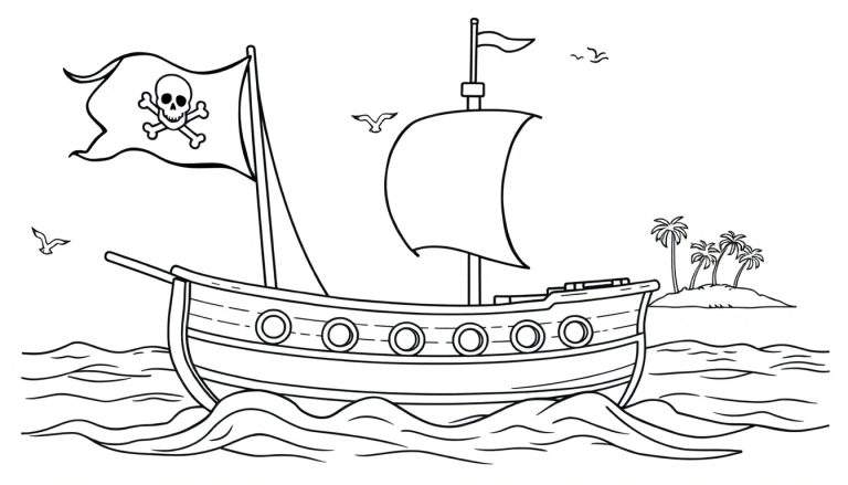 Un barco pirata para colorear con calavera y tibias cruzadas en la vela, navegando en el mar con una isla al fondo, perfecto para una placa de color.
