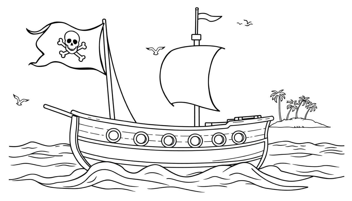 Un barco pirata para colorear con calavera y tibias cruzadas en la vela, navegando en el mar con una isla al fondo, perfecto para una placa de color.