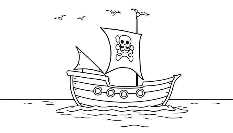 Placa de color de un barco pirata amigable con una vela de calavera y tibias cruzadas, navegando en aguas tranquilas con gaviotas volando.