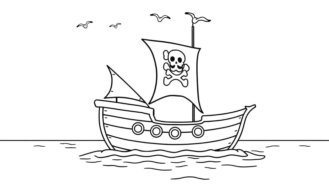 Placa de color de un barco pirata amigable con una vela de calavera y tibias cruzadas, navegando en aguas tranquilas con gaviotas volando.