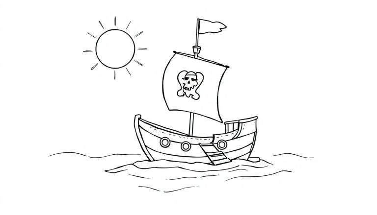 Placa de color de un barco pirata amigable navegando en un mar con un sol radiante.