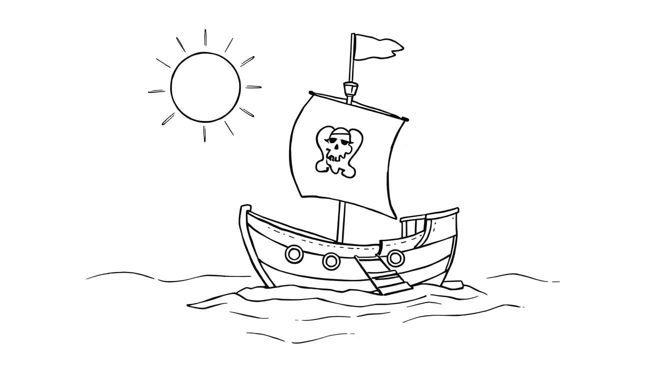 Placa de color de un barco pirata amigable navegando en un mar con un sol radiante.