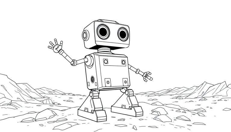 Placa de color de un robot explorador amigable en un planeta alienígena.