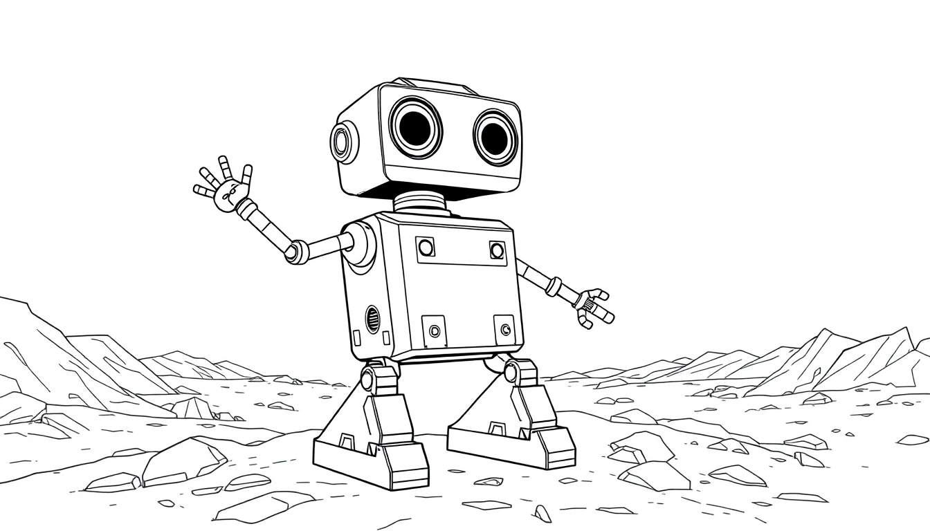 Placa de color de un robot explorador amigable en un planeta alienígena.