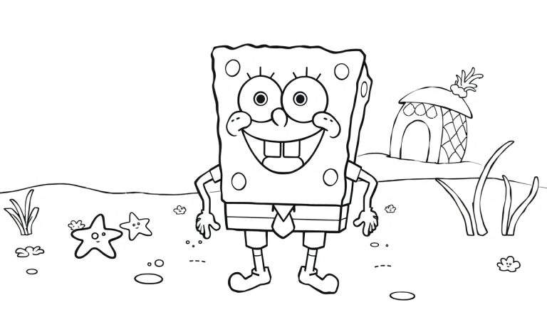 Bob Esponja sonriendo en un dibujo a lápiz blanco y negro, listo para colorear, con su casa de piña y amigos del mar. ¡Una obra de arte para colorear!