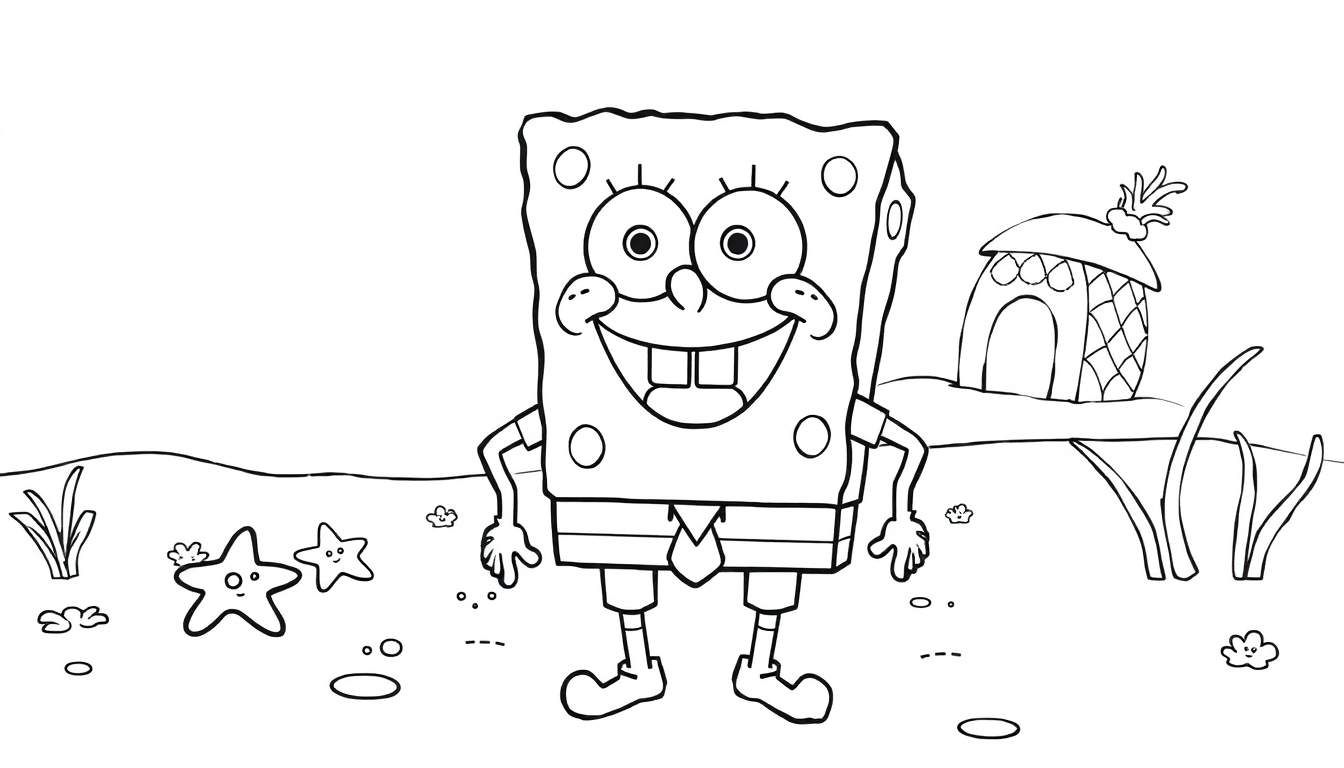 Bob Esponja sonriendo en un dibujo a lápiz blanco y negro, listo para colorear, con su casa de piña y amigos del mar. ¡Una obra de arte para colorear!