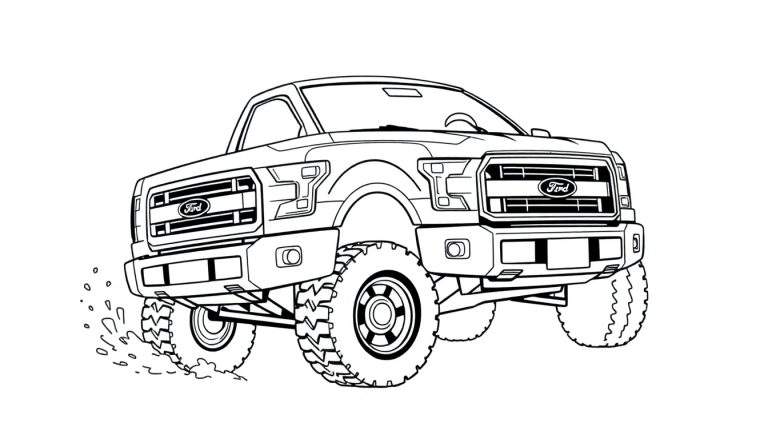 Placa de color de un camión Ford F-150 con neumáticos grandes salpicando barro.