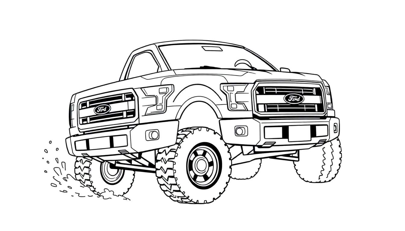 Placa de color de un camión Ford F-150 con neumáticos grandes salpicando barro.