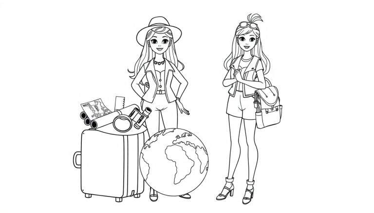 Placa de color de dos amigas listas para una aventura, una con sombrero y maleta, la otra con mochila.