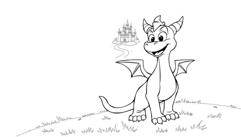 Placa de color de un pequeño dragón amigable con un castillo de cuento de hadas al fondo.