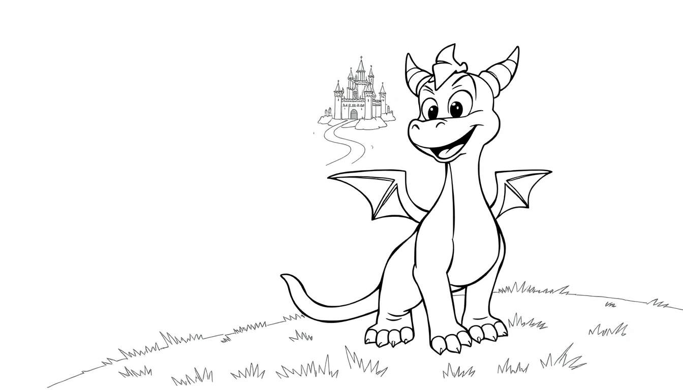 Placa de color de un pequeño dragón amigable con un castillo de cuento de hadas al fondo.