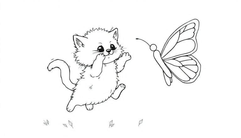 Placa de color de un gatito juguetón persiguiendo una mariposa con hojas en la parte inferior.