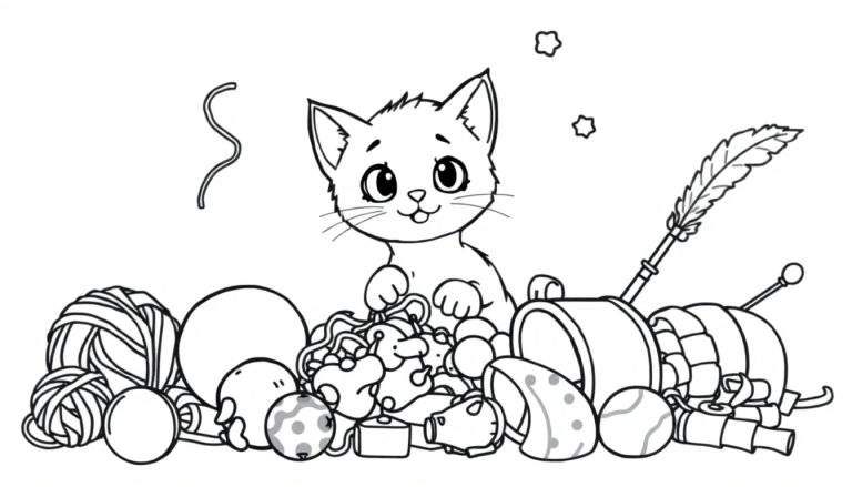 Placa de color: Gatito con juguetes.