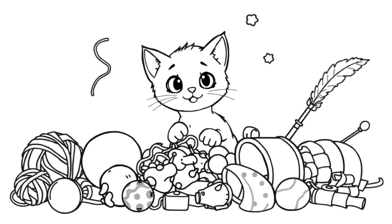Placa de color: Gatito con juguetes.