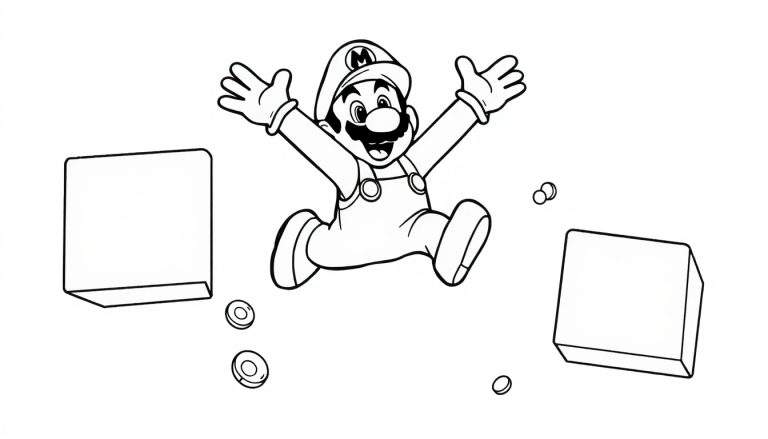 Placa de color: Mario saltando con los brazos extendidos y una placa de color con monedas flotantes y bloques.