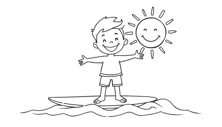 Una placa para colorear de un niño feliz surfeando bajo un sol sonriente.