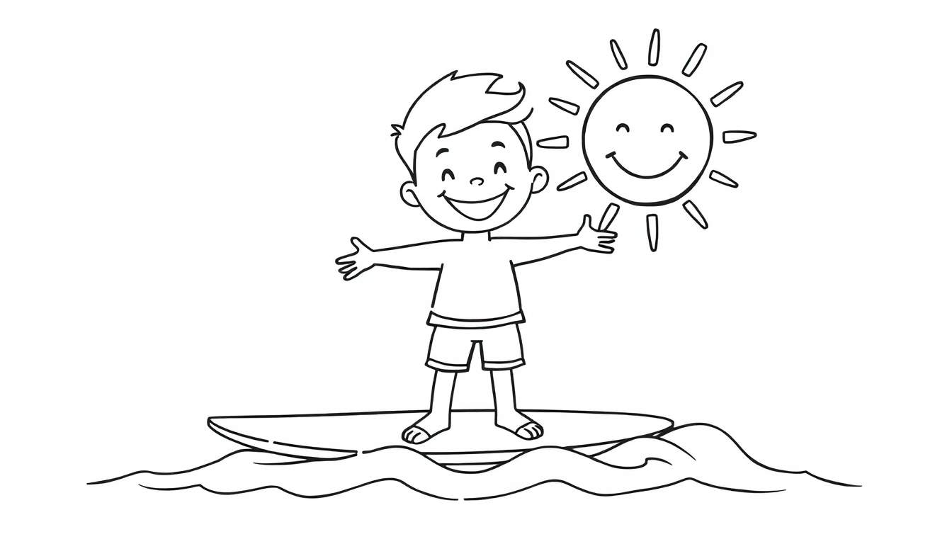 Una placa para colorear de un niño feliz surfeando bajo un sol sonriente.