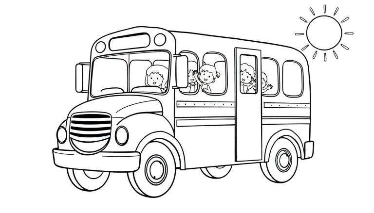 Placa de color de un autobús escolar amigable con niños saludando.