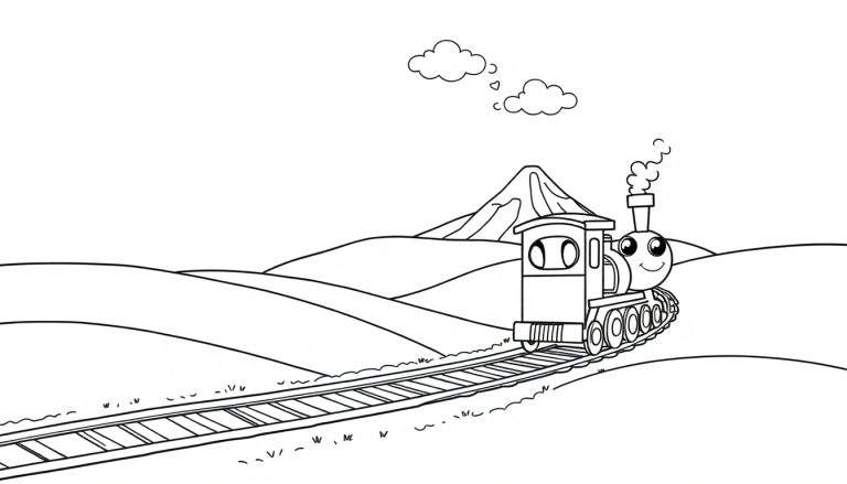 Una placa de color con un tren de vapor sonriente viajando por un paisaje montañoso con nubes.