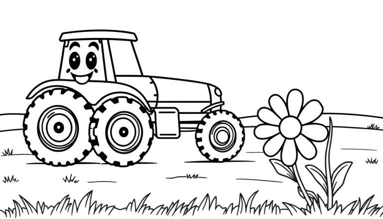 Placa de color de un tractor sonriente en un campo con una margarita.