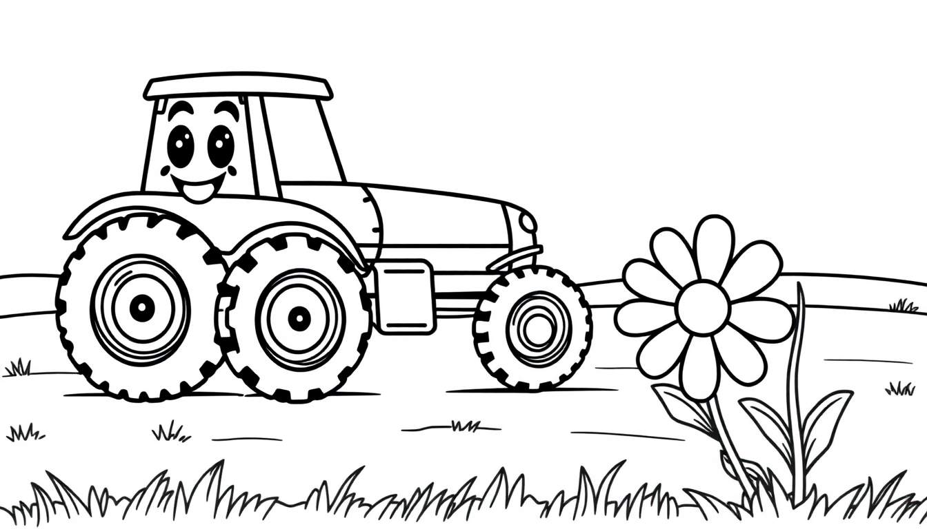 Placa de color de un tractor sonriente en un campo con una margarita.