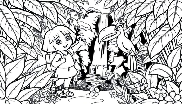 Placa de color de Dora la Exploradora y Botas saludando en la selva cerca de una cascada con un tucán.