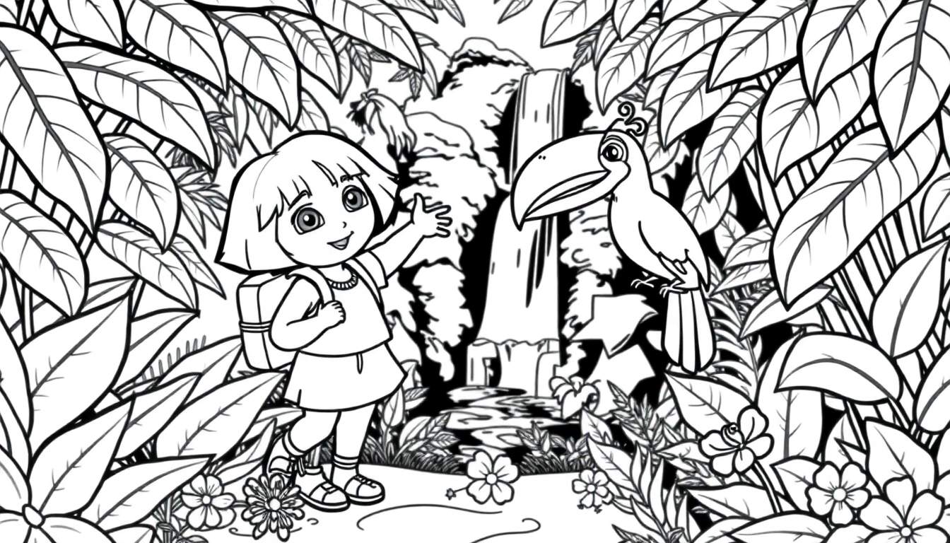 Placa de color de Dora la Exploradora y Botas saludando en la selva cerca de una cascada con un tucán.