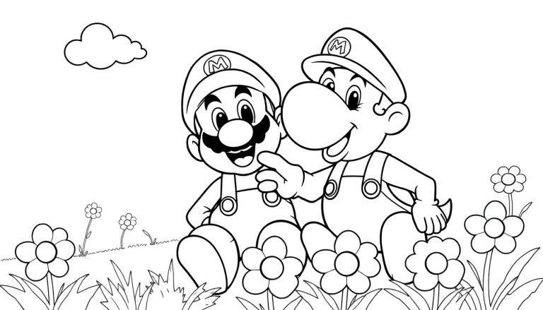Placa de color para colorear de Mario y Luigi en un campo de flores.