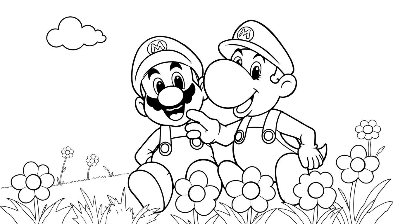 Placa de color para colorear de Mario y Luigi en un campo de flores.