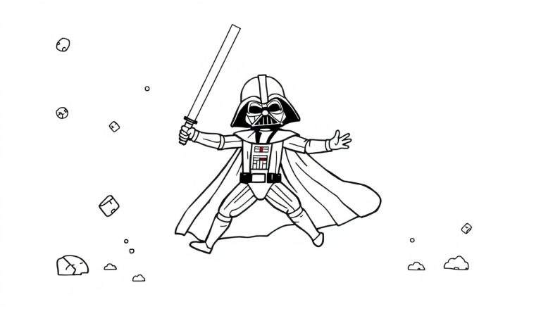 Darth Vader estilo chibi con sable de luz, listo para colorear en su placa de color.