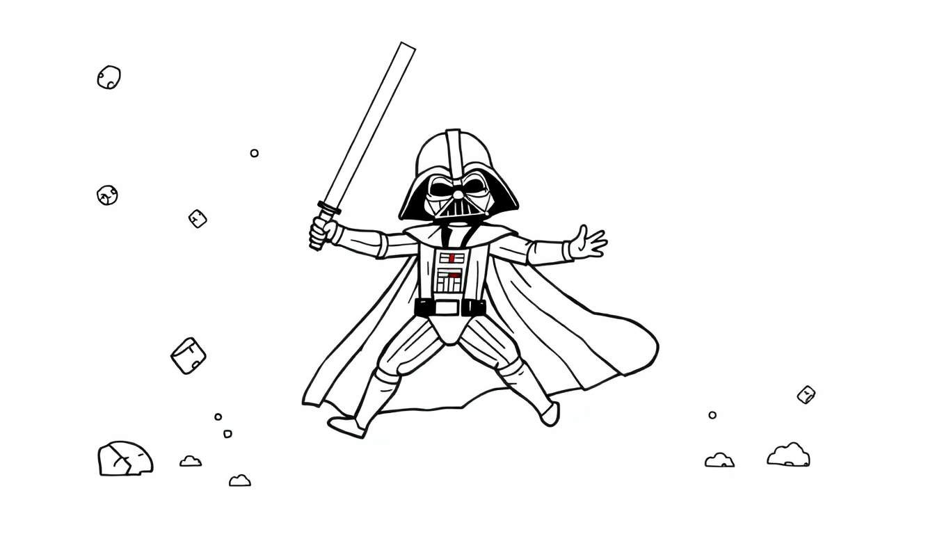 Darth Vader estilo chibi con sable de luz, listo para colorear en su placa de color.