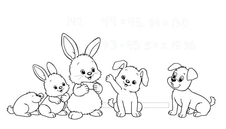 Página para colorear con conejos y perros resolviendo problemas de matemáticas.