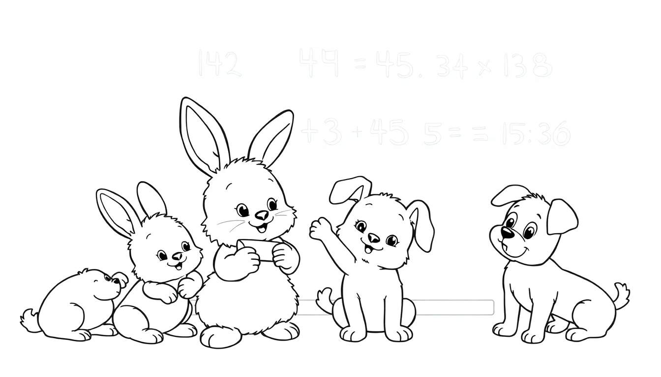 Página para colorear con conejos y perros resolviendo problemas de matemáticas.