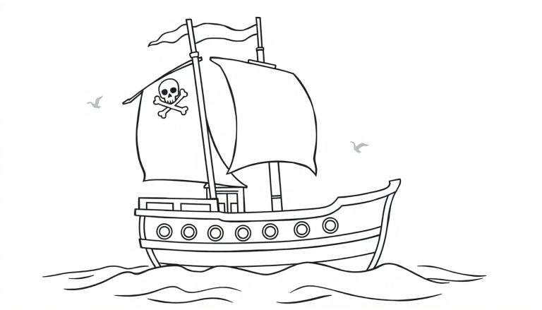 Barco pirata de juguete para colorear con bandera de calavera.