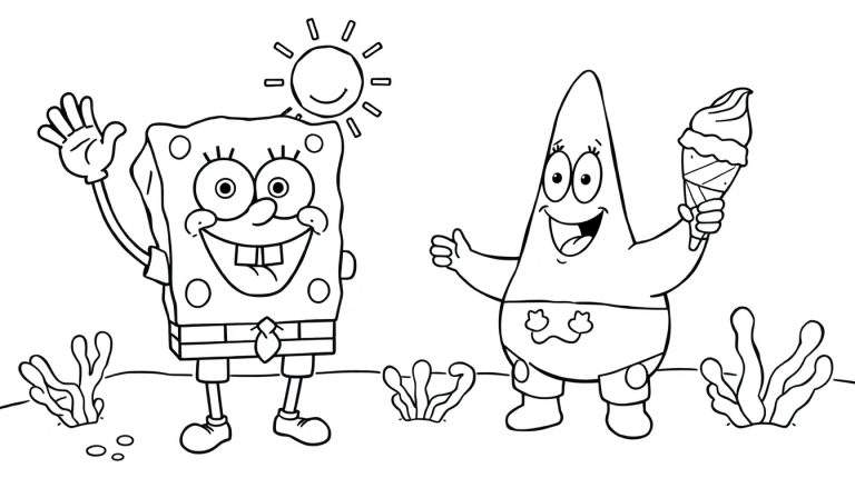 Placa de color de Bob Esponja y Patricio Estrella saludando con helado.