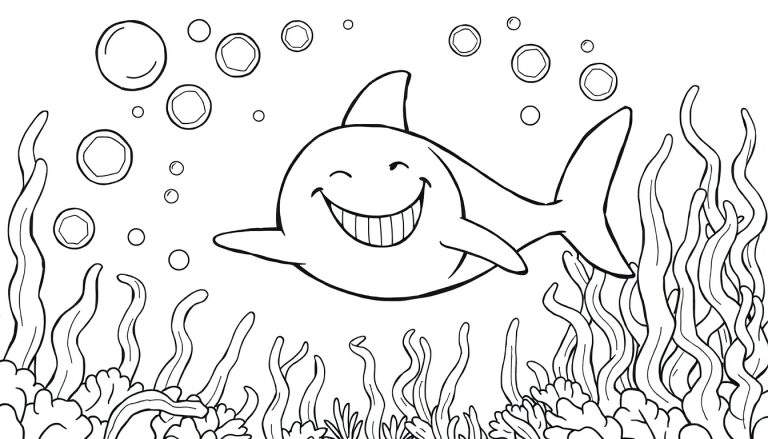 Placa de color: un tiburón sonriente nada entre burbujas y plantas marinas.