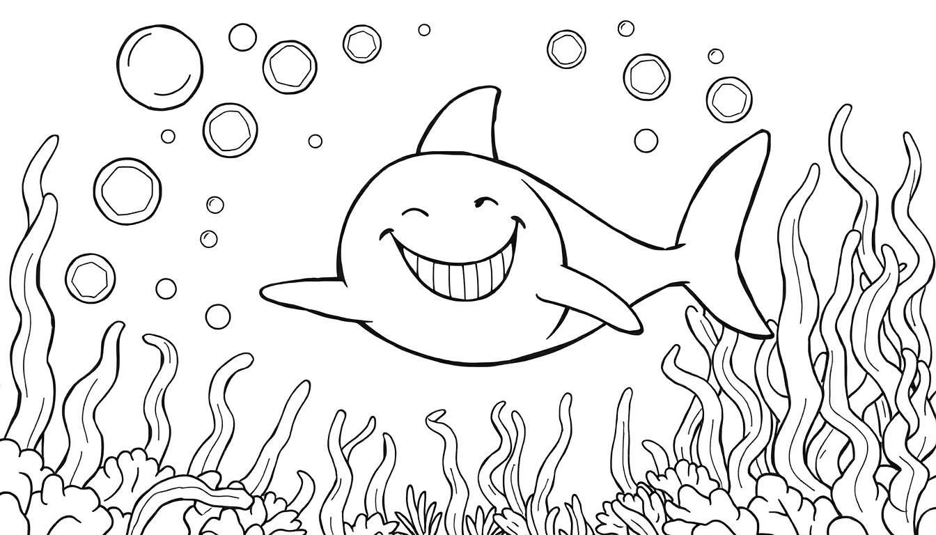 Placa de color: un tiburón sonriente nada entre burbujas y plantas marinas.