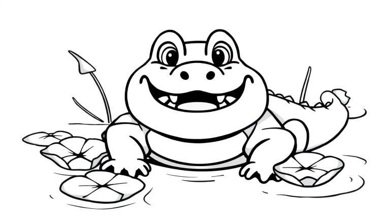 Cocodrilo sonriente listo para colorear, dentro de una placa de color.