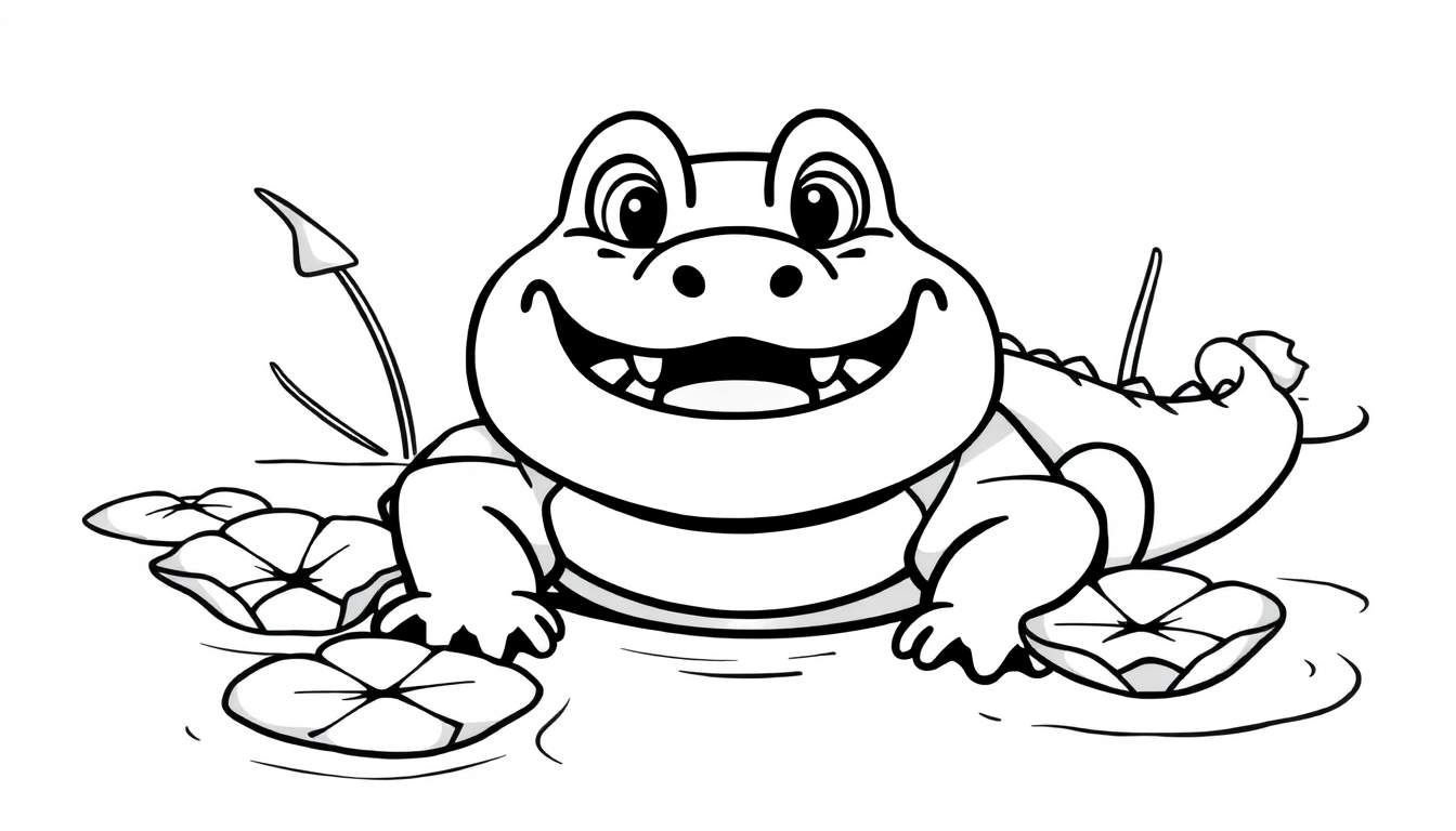 Cocodrilo sonriente listo para colorear, dentro de una placa de color.
