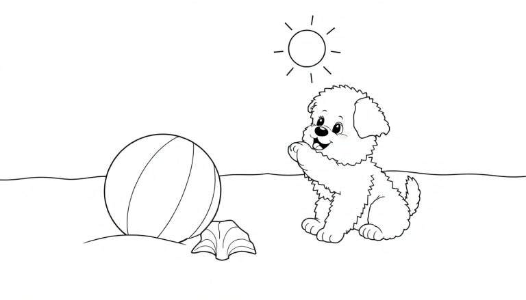 Placa de color de un cachorro feliz en la playa con una pelota y una concha.