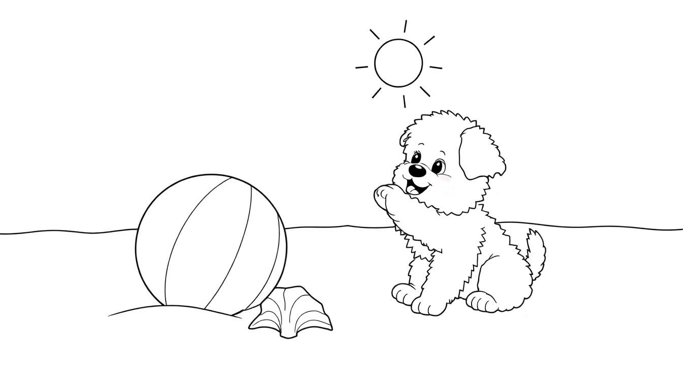 Placa de color de un cachorro feliz en la playa con una pelota y una concha.