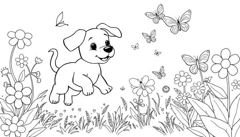 Placa de color de un cachorro alegre persiguiendo mariposas entre flores.