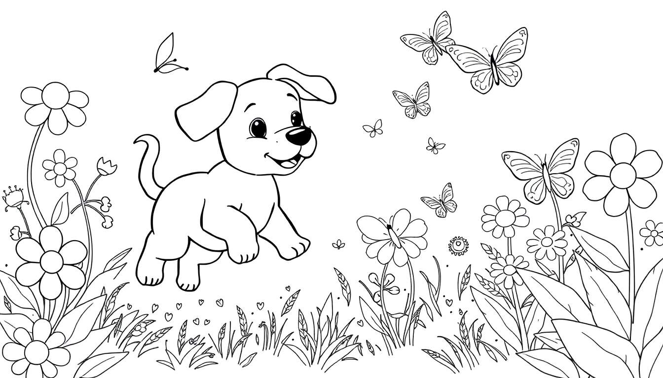 Placa de color de un cachorro alegre persiguiendo mariposas entre flores.
