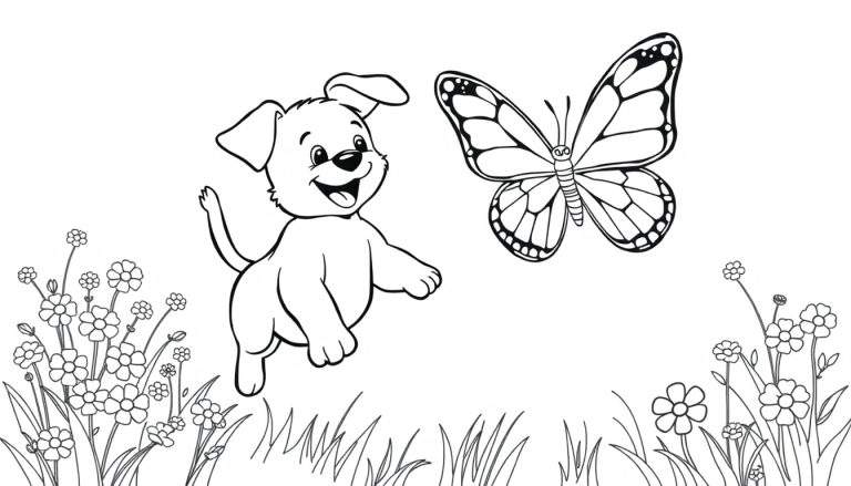 Un cachorro juguetón persiguiendo una mariposa en un prado soleado, diseño lineal para colorear en blanco y negro de la placa de color.