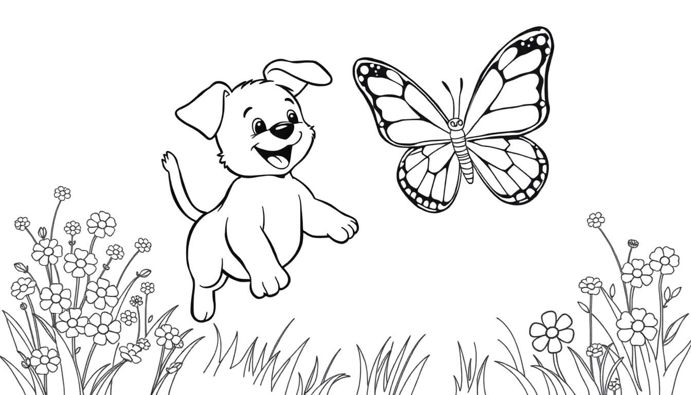 Un cachorro juguetón persiguiendo una mariposa en un prado soleado, diseño lineal para colorear en blanco y negro de la placa de color.