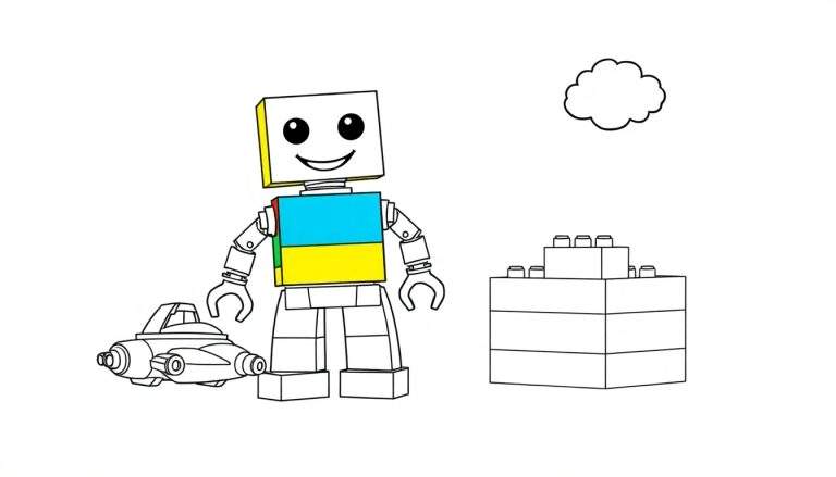 Placa de color de un robot alegre de Lego con cohete y torre.