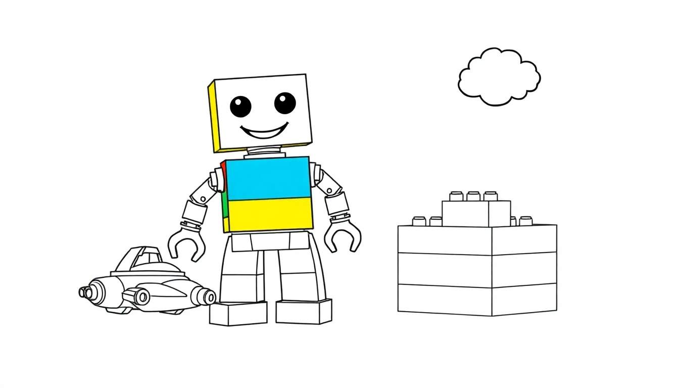 Placa de color de un robot alegre de Lego con cohete y torre.