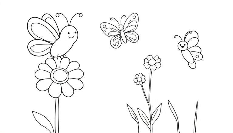 Placa de color para niños con tres mariposas volando y posadas en flores.