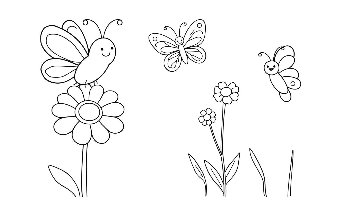 Placa de color para niños con tres mariposas volando y posadas en flores.